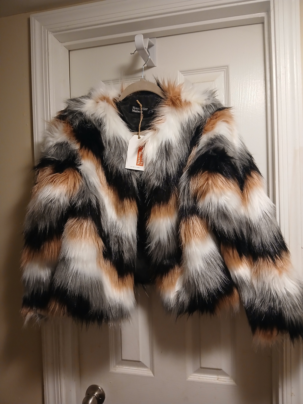 Faux Fur Coat in Black, White & Tan